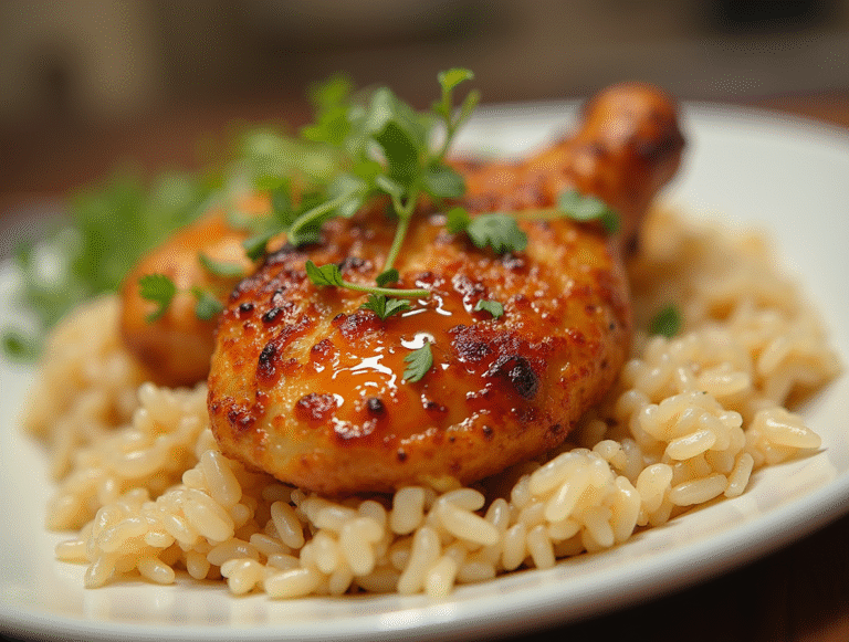 Beautifully presented honey roasted chicken and rice.